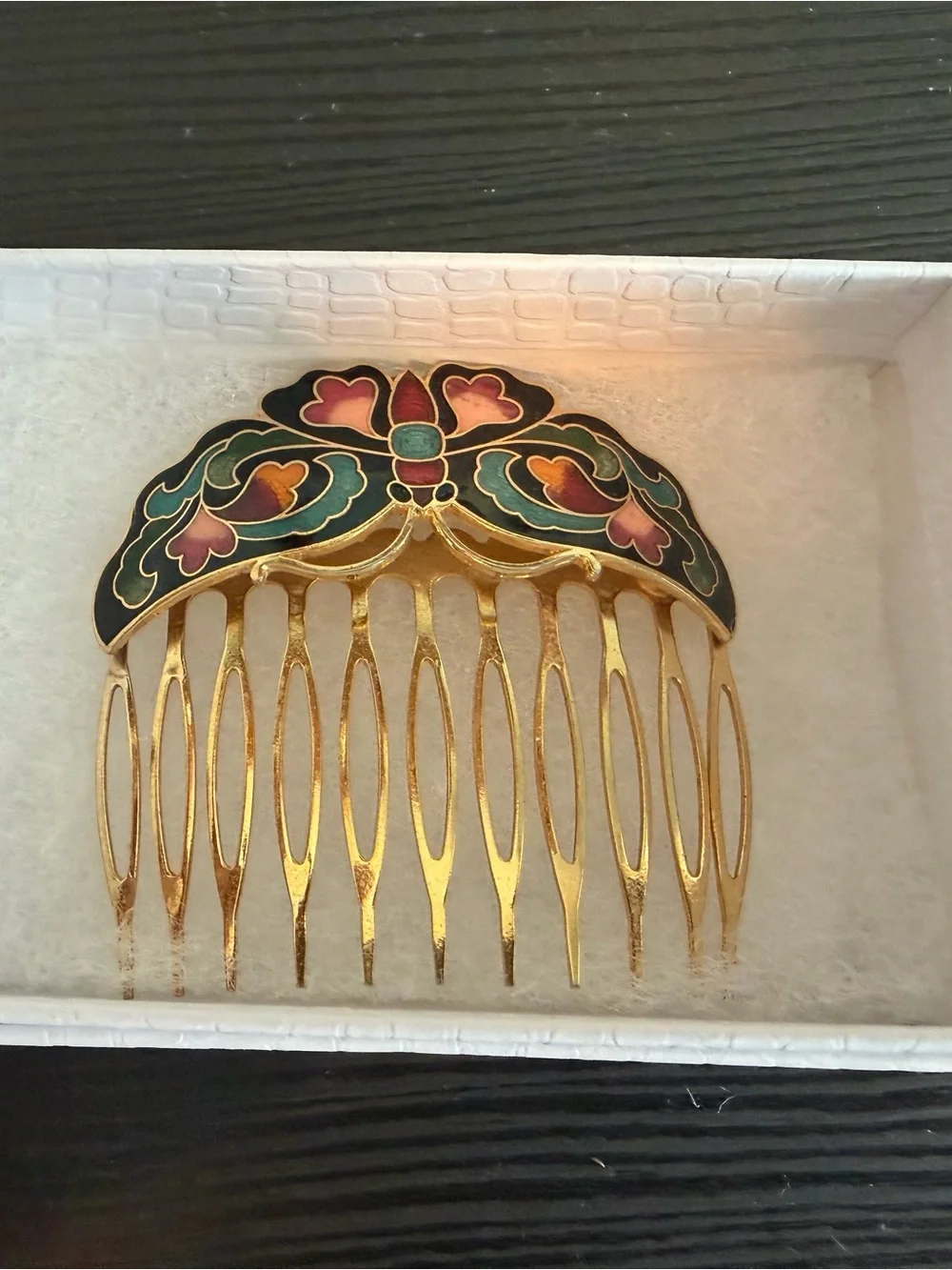 Vintage Cloisonné Gold tone butterfly Enamel Hair Comb